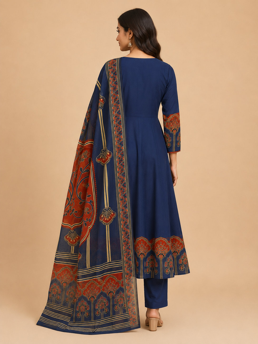 Navy Royal Printed Anarkali Suit Set