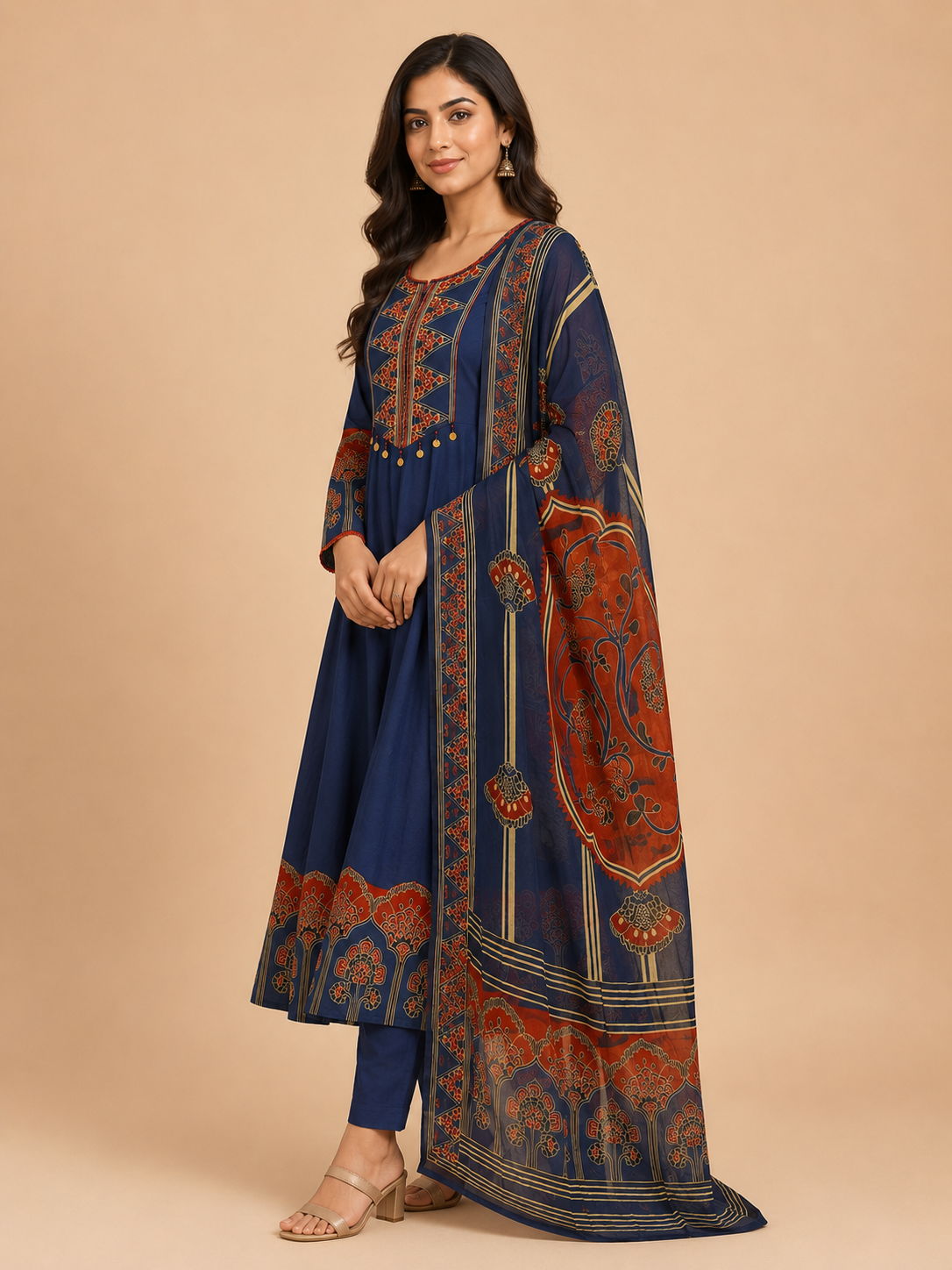 Navy Royal Printed Anarkali Suit Set
