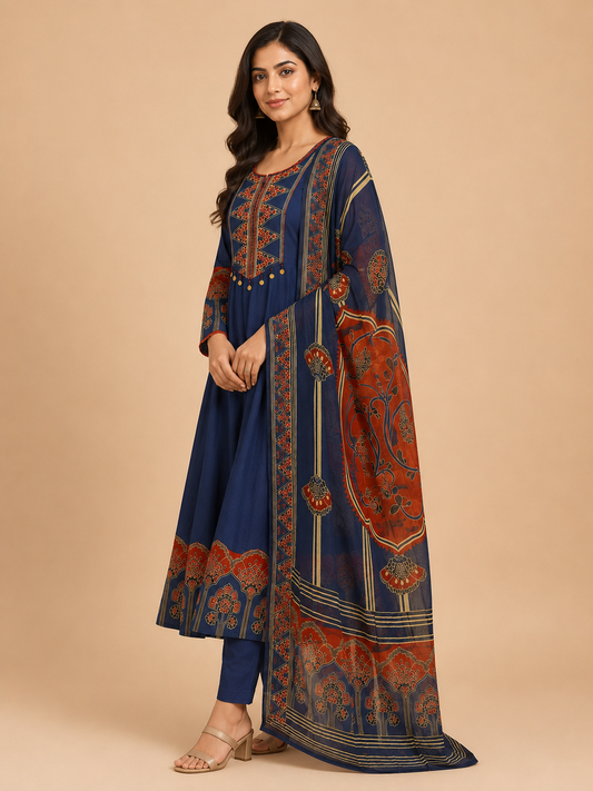 Navy Royal Printed Anarkali Suit Set
