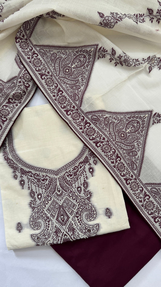 Ivory Plum Cotton Weaving Unstitched Suit Set Namostri