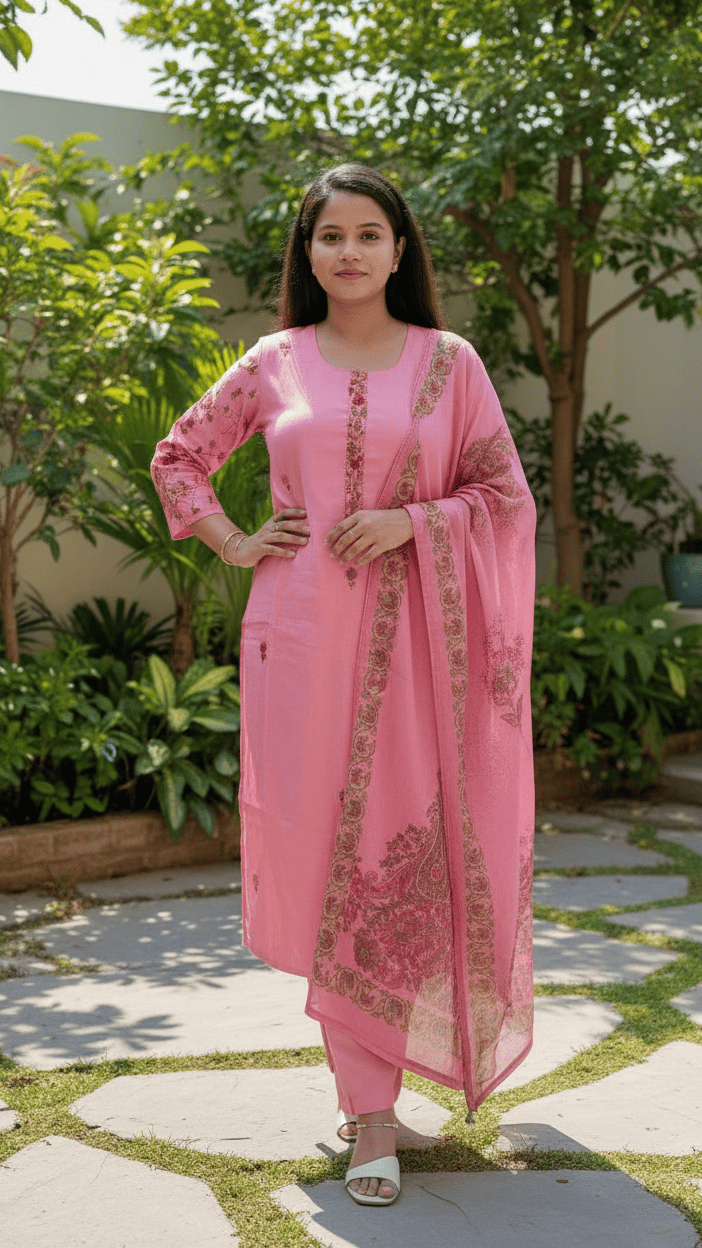 Woman in a pink traditional outfit standing outdoors with greenery in the background