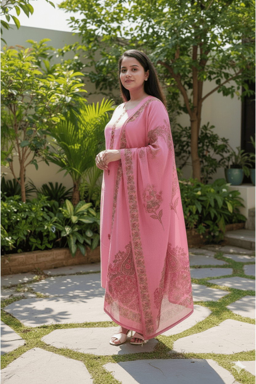 Woman in a pink traditional outfit standing in a garden