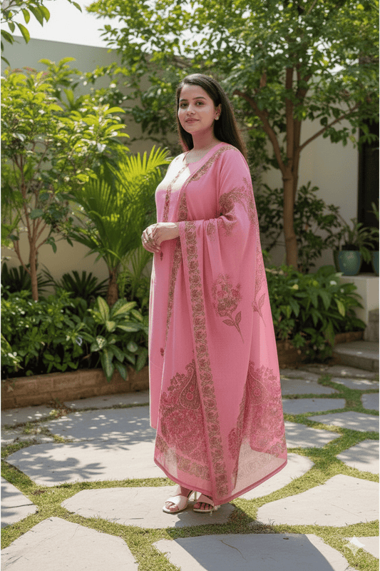 Woman in a pink traditional outfit standing in a garden