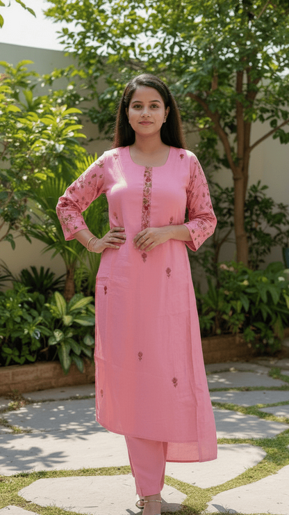 Woman wearing a pink traditional outfit standing in a garden.