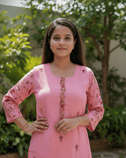 Woman wearing a pink traditional outfit with floral patterns outdoors.