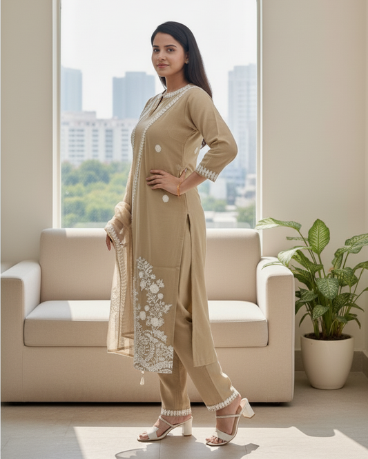 Woman in a beige traditional outfit standing in a modern living room with a cityscape view.