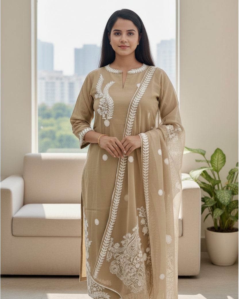 Woman wearing a beige traditional outfit with white embroidery in a modern living room.