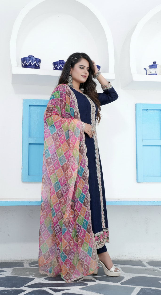 Woman wearing a colorful dupatta over a navy outfit in front of a white wall with blue window shutters.