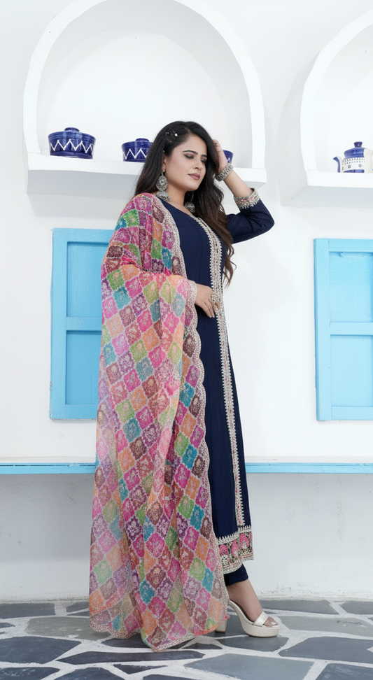 Woman wearing a colorful dupatta over a navy outfit in front of a white wall with blue window shutters.