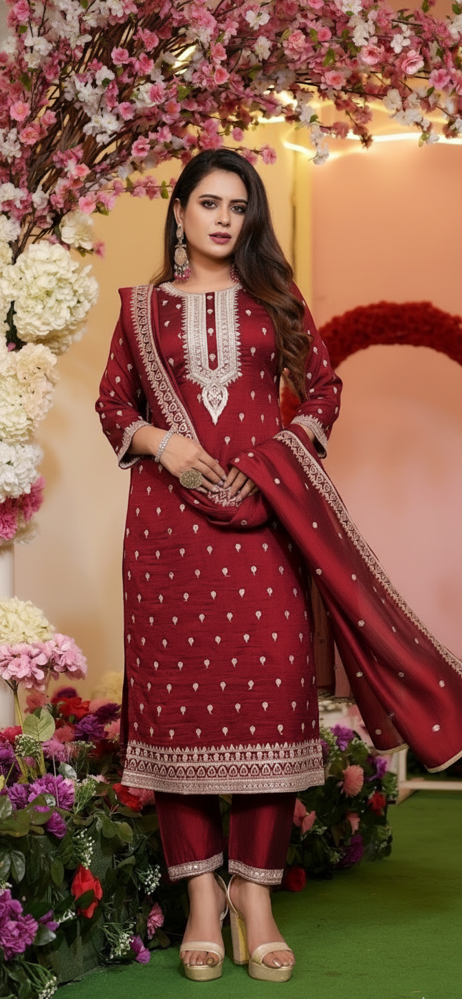 Woman in a red traditional outfit standing in front of floral decorations