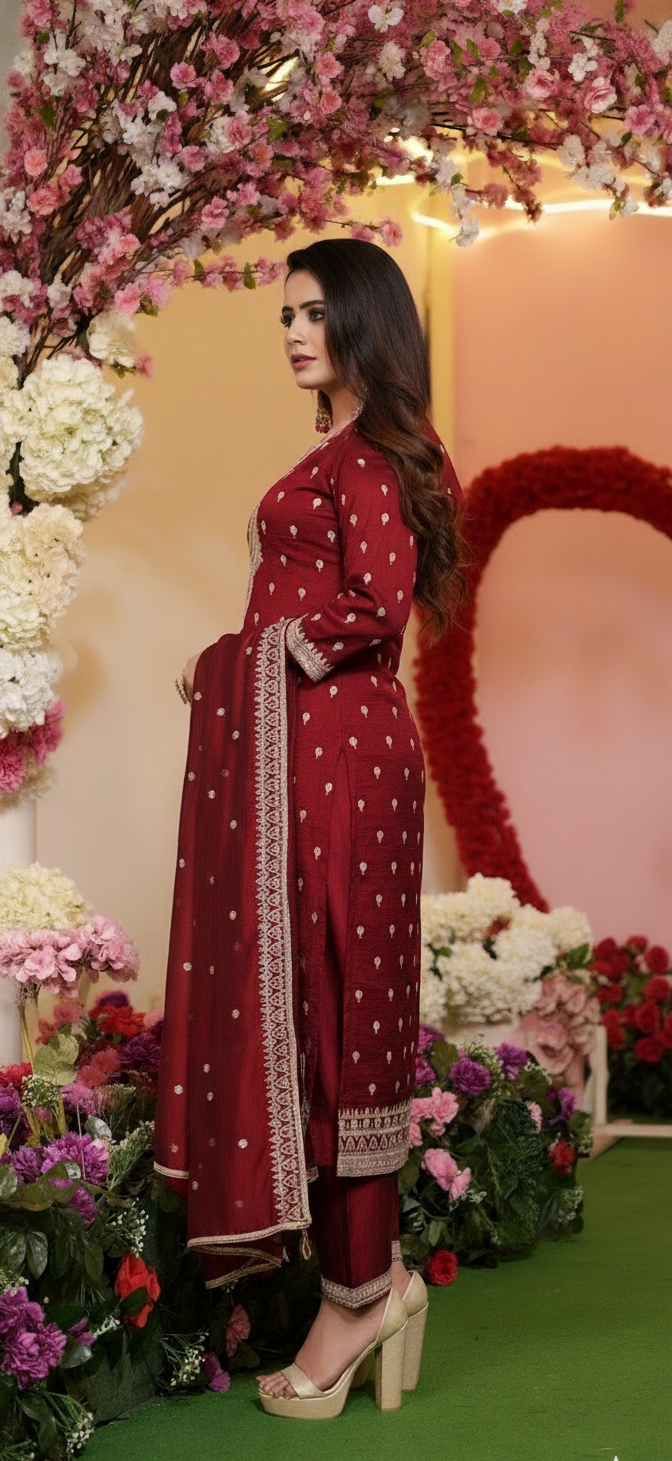 Woman in a red traditional outfit standing in front of floral decorations