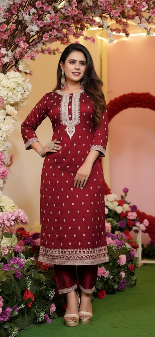 Woman in a red traditional outfit with floral decorations