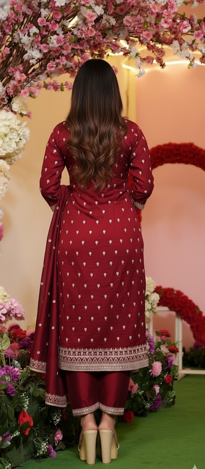 Woman in a maroon traditional outfit with floral decorations in the background