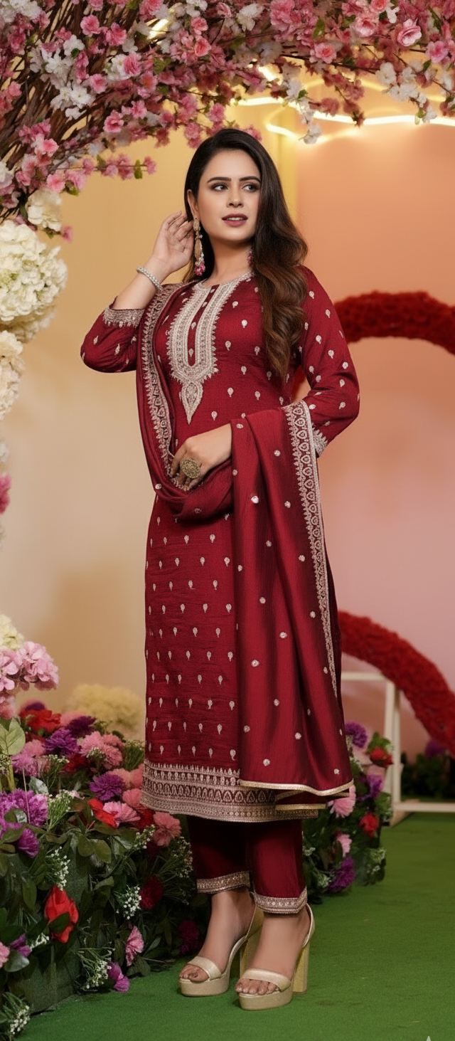 Woman in a red traditional outfit with floral decorations in the background