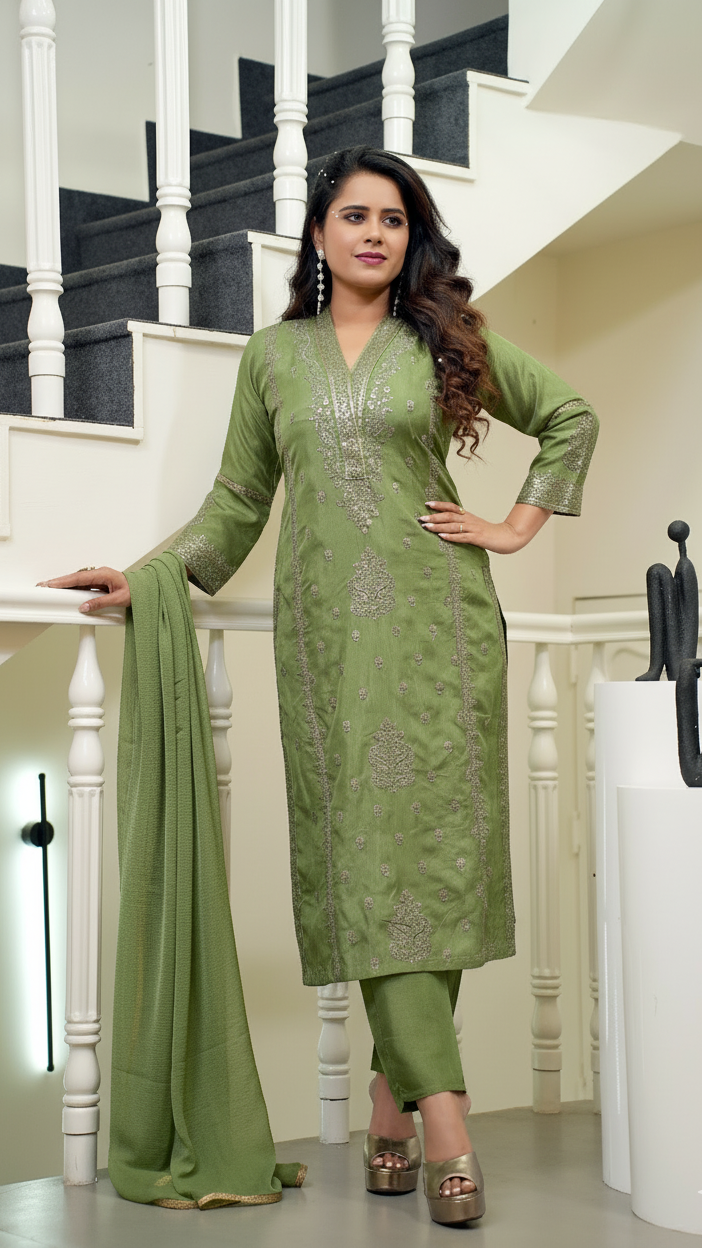 Woman in a green traditional outfit standing on a staircase