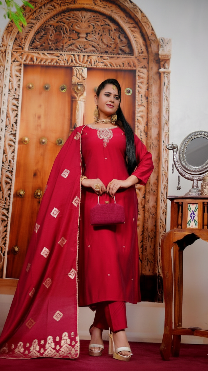 Woman in a red traditional outfit standing in front of a wooden door with intricate carvings.