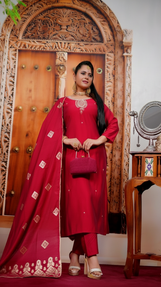 Woman in a red traditional outfit standing in front of a wooden door with intricate carvings.