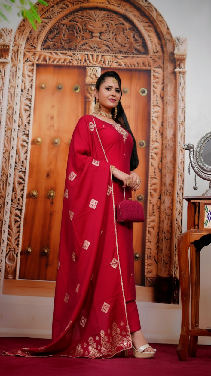 Woman in a red saree standing in front of a wooden door with intricate carvings.