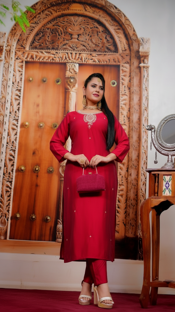 Woman in a red traditional outfit standing in front of a wooden door with intricate carvings.