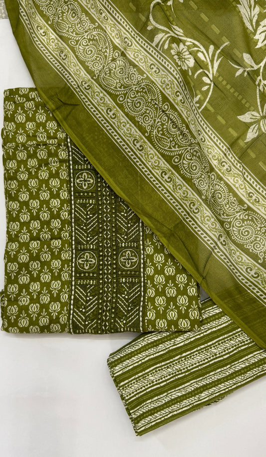 Olive Green Printed Cotton Unstitched Suit Set Namostri