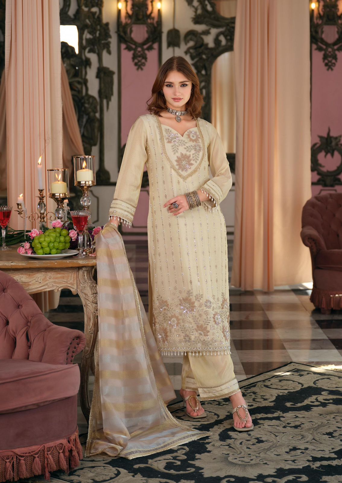 Ivory Chanderi Silk Embroidered Suit Set