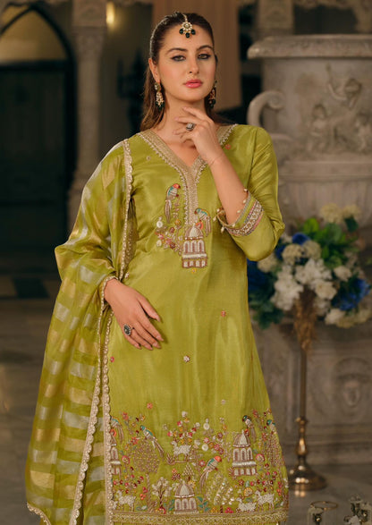 Olive Green Embroidered Chanderi Suit Set