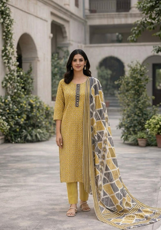 Yellow Floral Printed Suit Set