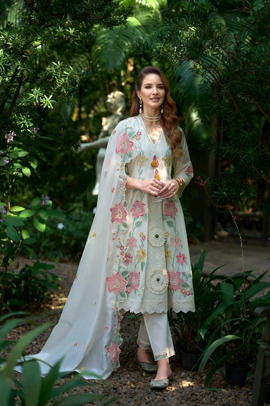 Elegant Floral Embroidered Cotton A-Line Suit Set