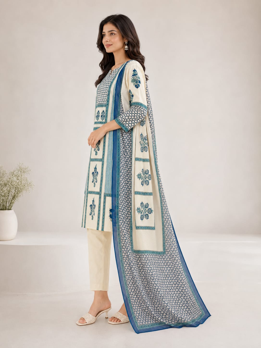 White Blue Florral Printed Suit Set
