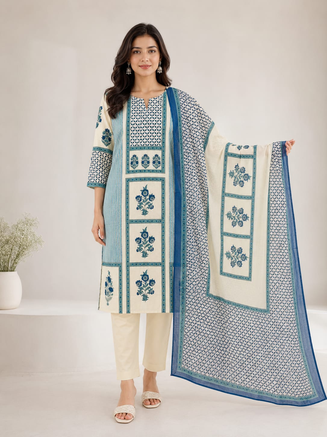 White Blue Florral Printed Suit Set