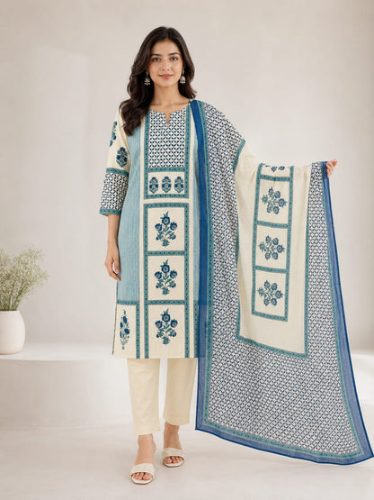 White Blue Florral Printed Suit Set