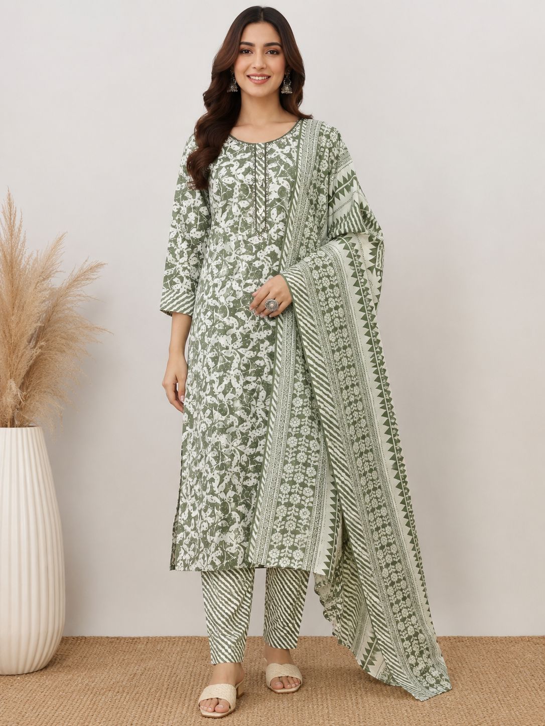 Sage Green Printed Suit Set