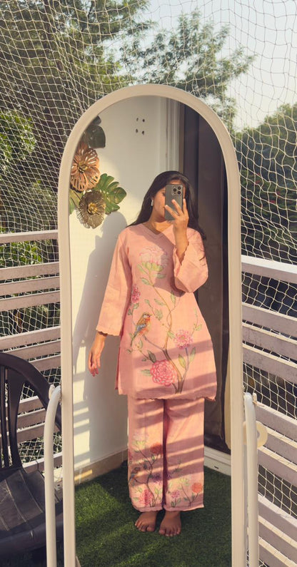 Baby Pink Printed And Embroidered Coord Set