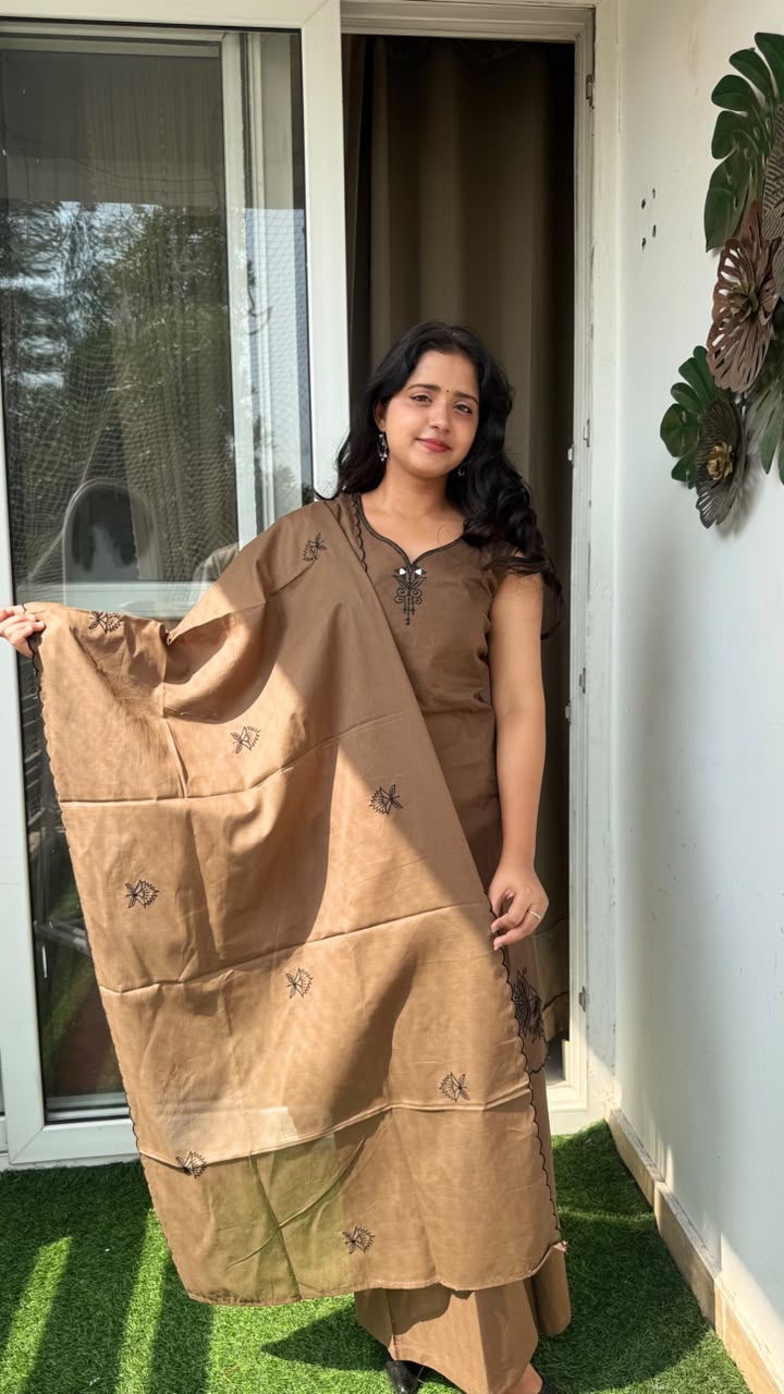 Coffee Brown Embroidered Kurta Palazzo Suit Set