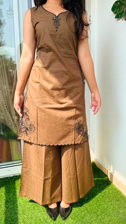 Coffee Brown Embroidered Kurta Palazzo Suit Set