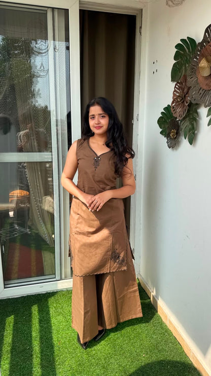 Coffee Brown Embroidered Kurta Palazzo Suit Set