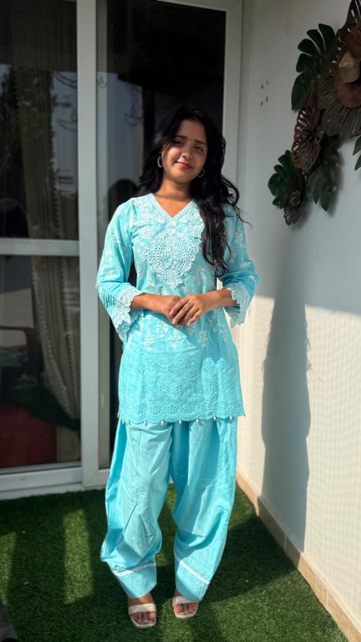 Light Blue Floral Embroidered Farshi Suit Set