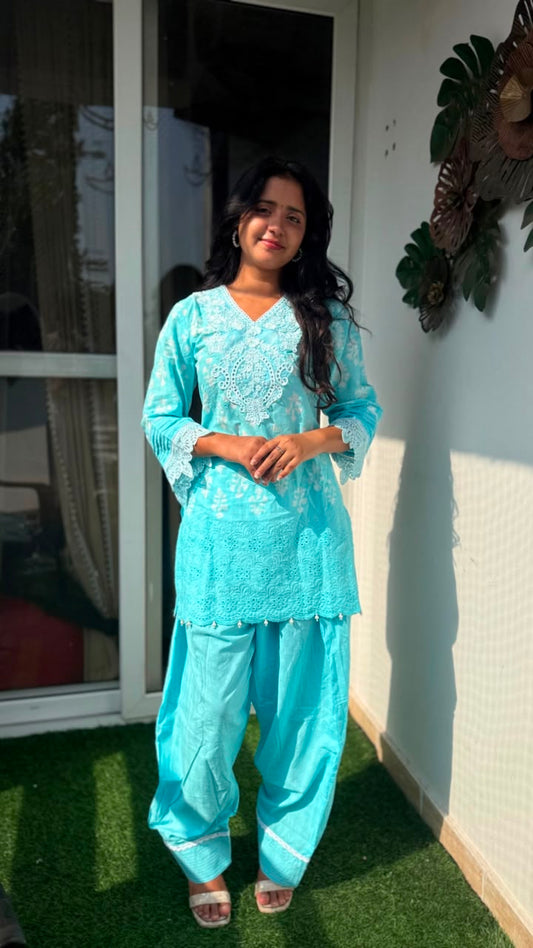 Light Blue Floral Embroidered Farshi Suit Set