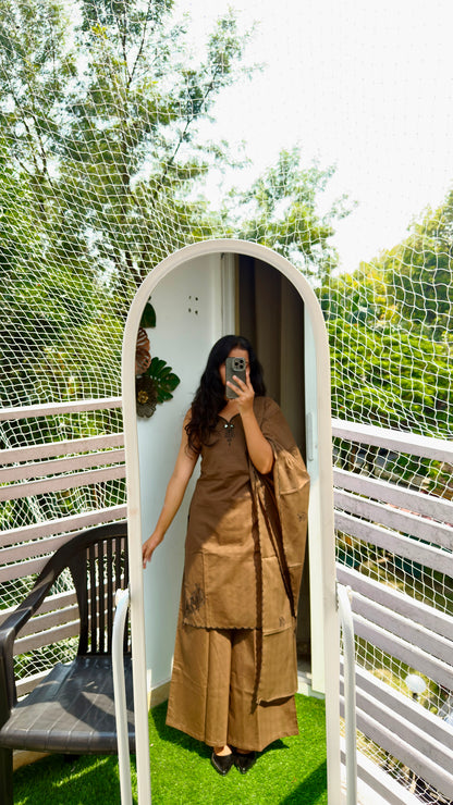 Coffee Brown Embroidered Kurta Palazzo Suit Set