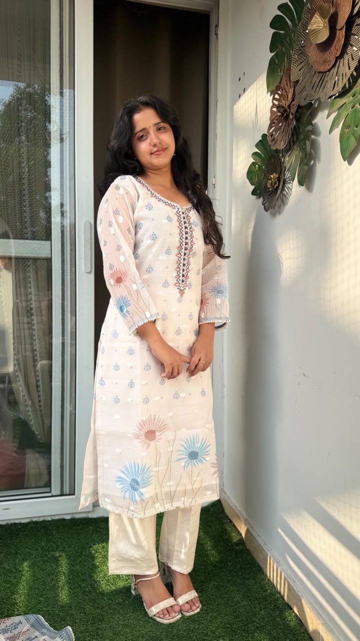 Off-White Floral Embroidered Kota Doria Suit Set
