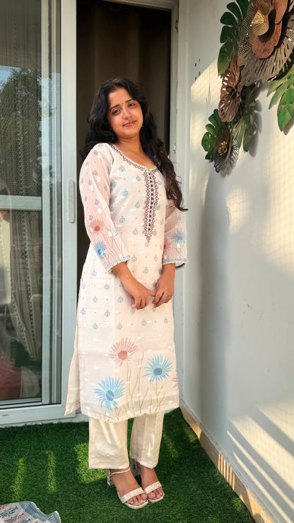 Off-White Floral Embroidered Kota Doria Suit Set