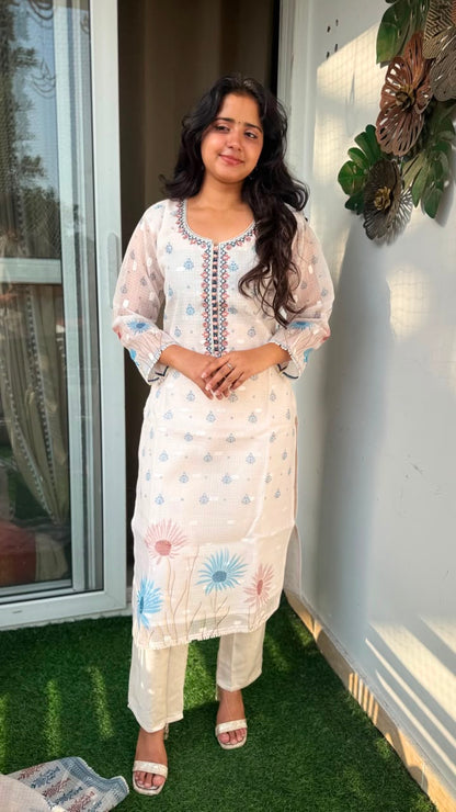 Off-White Floral Embroidered Kota Doria Suit Set
