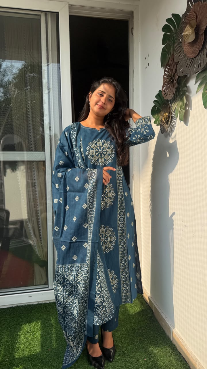 Steel Blue Ethnic A-Line Suit Set