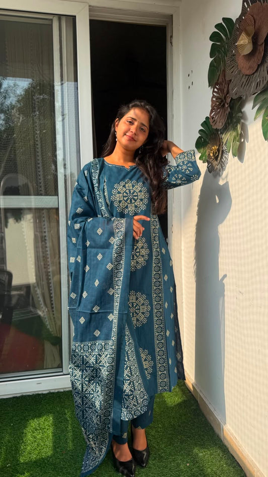 Steel Blue Ethnic A-Line Suit Set