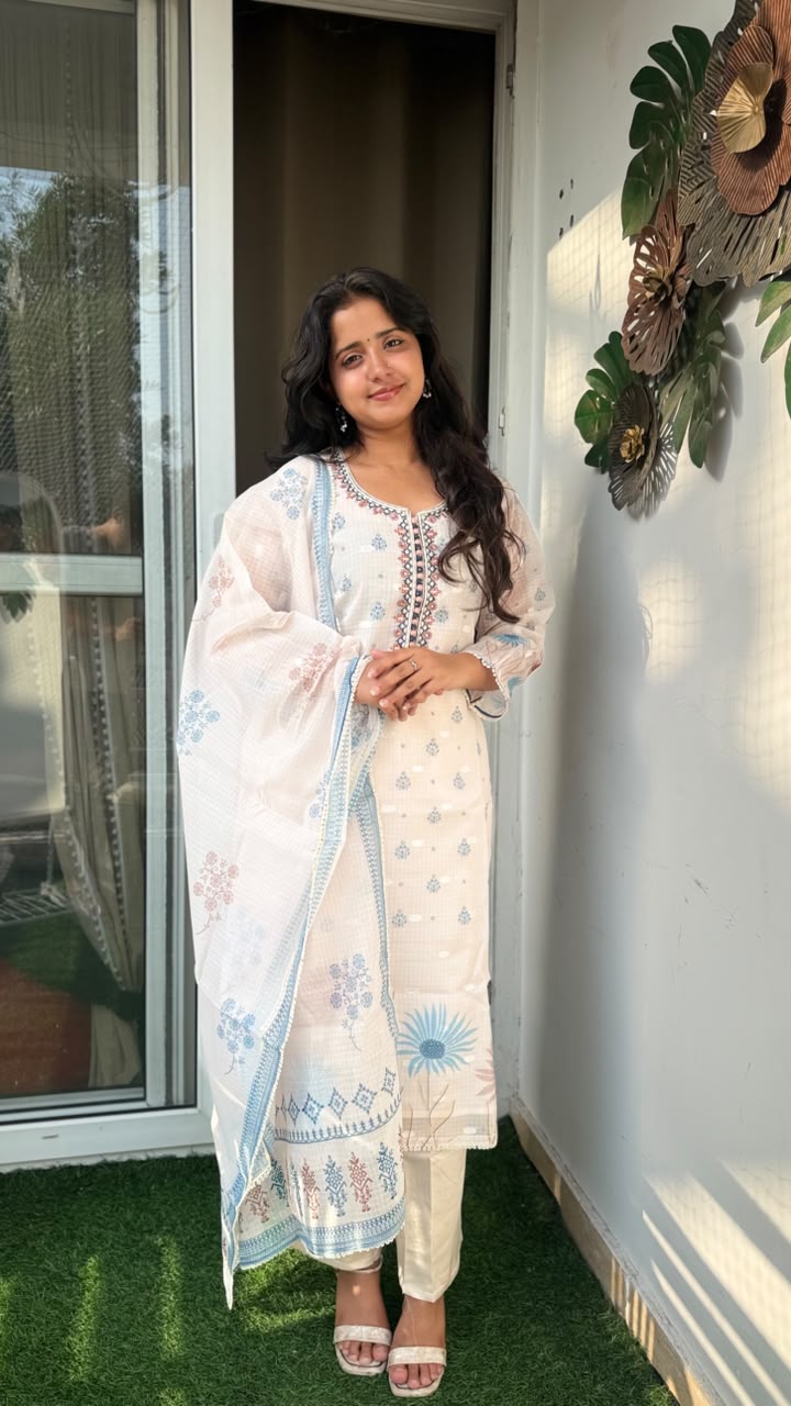 Off-White Floral Embroidered Kota Doria Suit Set