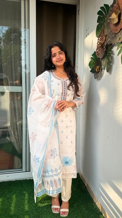 Off-White Floral Embroidered Kota Doria Suit Set