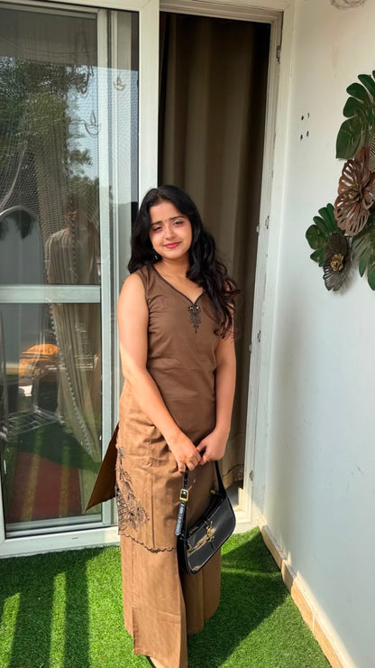 Coffee Brown Embroidered Kurta Palazzo Suit Set