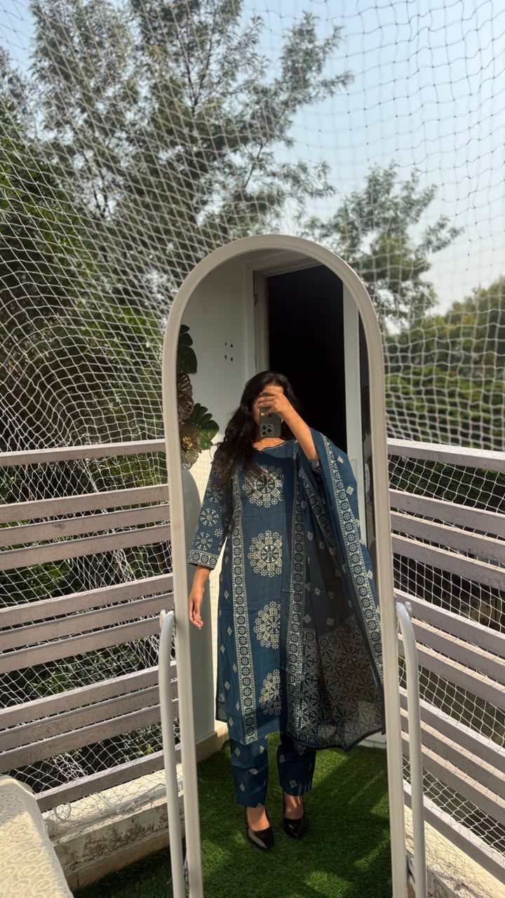 Steel Blue Ethnic A-Line Suit Set