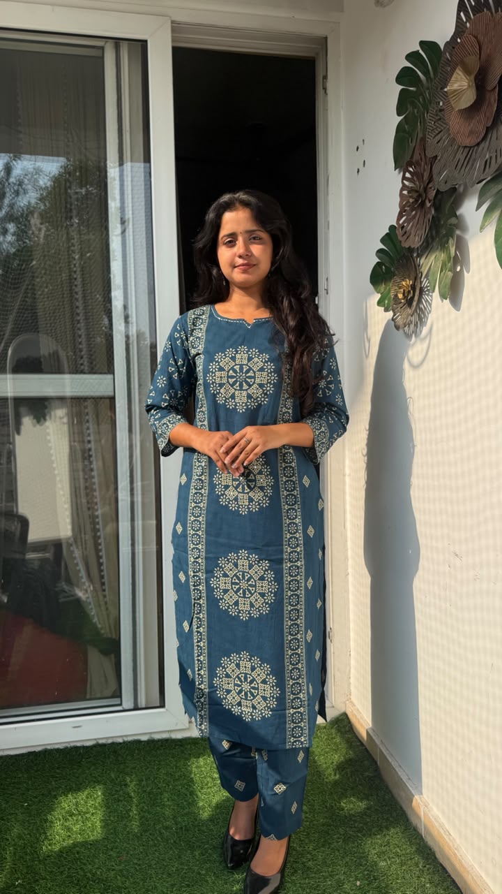 Steel Blue Ethnic A-Line Suit Set