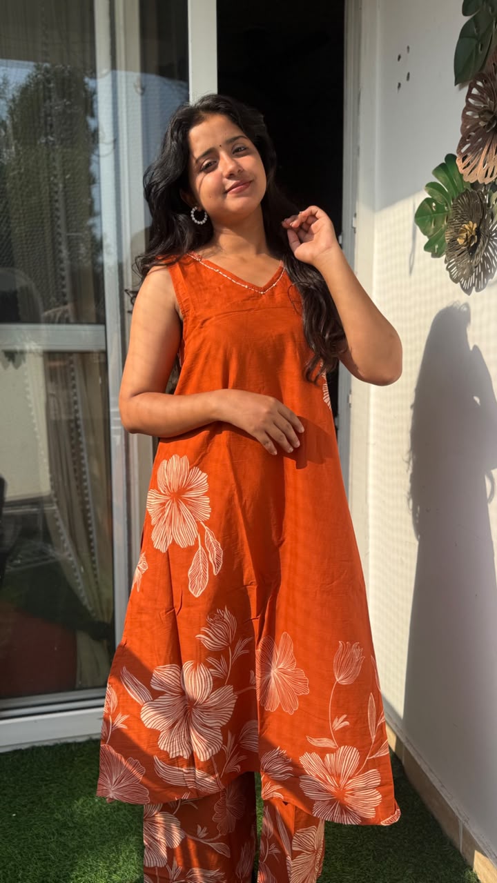 Rust Floral A-Line Pallazo Suit Set